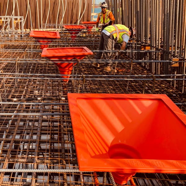 Multiple SlikFunnels installed on rebar for easy concrete pouring.